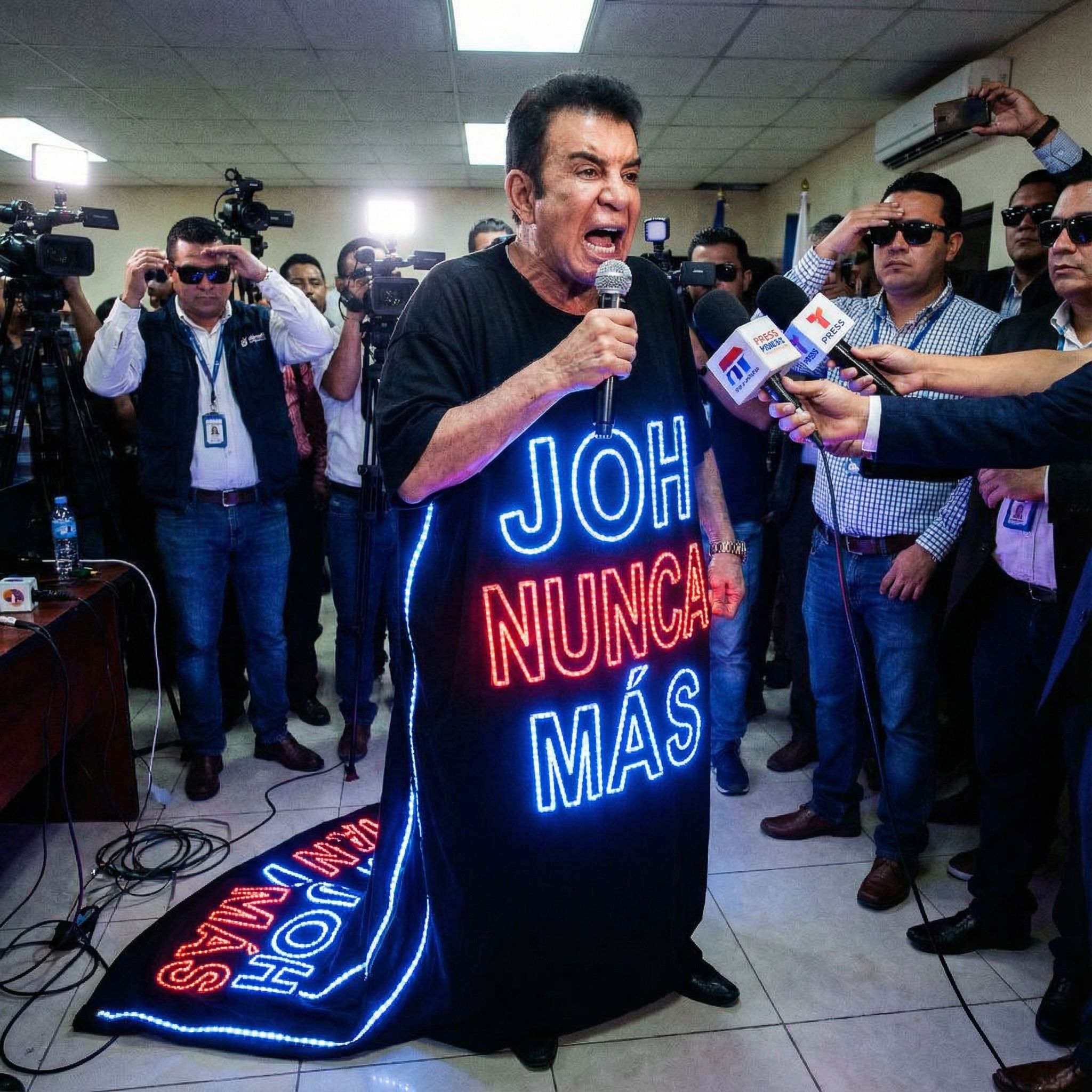 Nasralla estrena camiseta con luces de neón y sirenas antiaéreas para que Trump lea ‘JOH NUNCA MÁS’ desde el espacio.